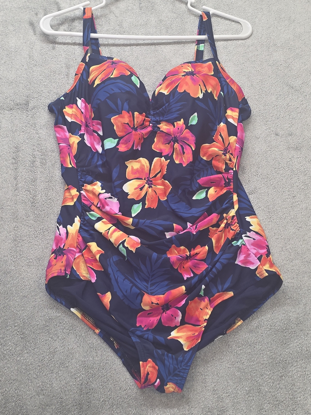 Lands' End Navy One-Piece Swimsuit with Orange & Pink Floral Print Tummy Cinch